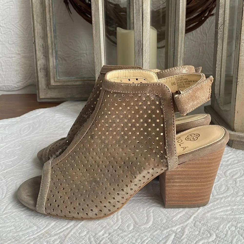 ISOLA Women's Lora Anthracite Suede Gold Shimmer Perforated Strap Heels Shoes 8